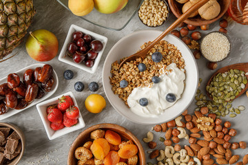 Overhead view of bowl with granola and berries. Different types of berries and nuts.