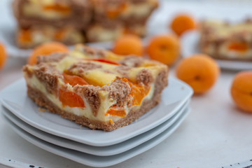 home made apricot cheesecake with chocolate crumble