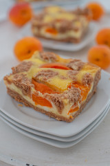 home made apricot cheesecake with chocolate crumble