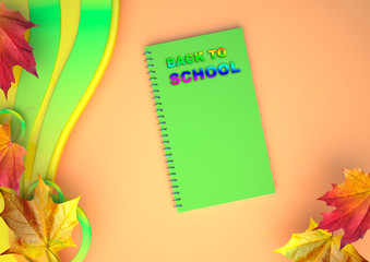 Autumn abstract background with maple leaves and a notebook with the inscription Back to school. 3D illustration