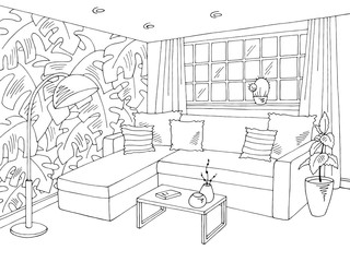 Fototapeta na wymiar Living room graphic black white home interior sketch illustration vector