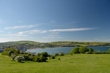 View over the beach and seafront at Swanage on the Dorset coast in Southern England