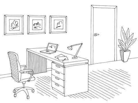 Office Graphic Black White Interior Sketch Illustration Vector