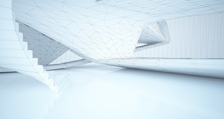 Drawing abstract architectural white interior of a minimalist house with large windows. 3D illustration and rendering.