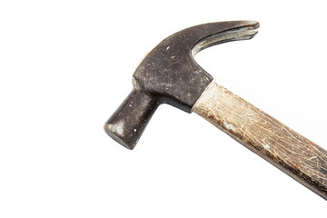Closeup steel hammer head and wooden handle for woodwork that has been used for a long time isolated on white background.