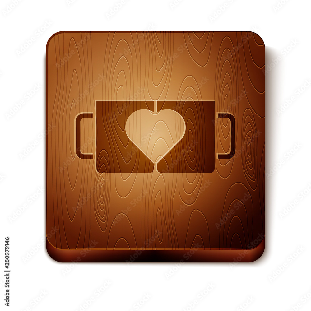 Wall mural Brown Two coffee cup and heart icon isolated on white background. Couple coffee for lovers on Valentines Day. Wooden square button. Vector Illustration