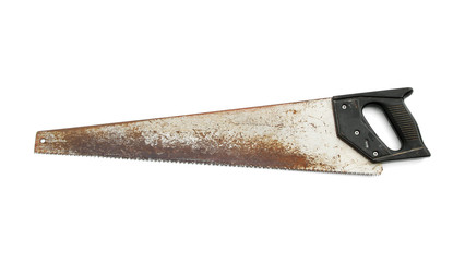 Old crosscut saw have level at the handle for woodwork that has been used for a long time isolated on white background.