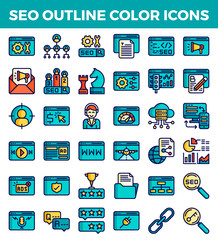 SEO Search engine optimization outline color icons. Vector illustration