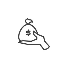 Hand and money bag line icon. linear style sign for mobile concept and web design. Dollar money bag in hand outline vector icon. Savings symbol, logo illustration. Vector graphics