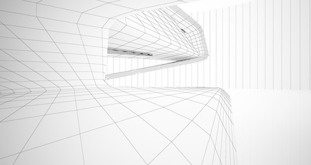 Drawing abstract architectural white interior of a minimalist house with large windows. 3D illustration and rendering.