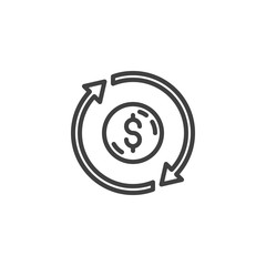 Money convert line icon. Coin and arrows linear style sign for mobile concept and web design. Dollar money exchange outline vector icon. Symbol, logo illustration. Vector graphics