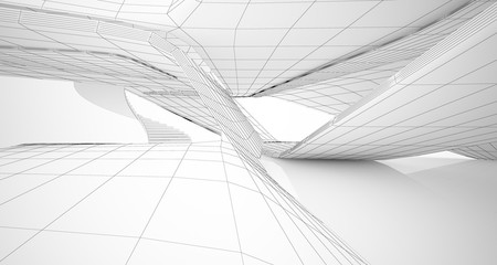 Drawing abstract architectural white interior of a minimalist house with large windows. 3D illustration and rendering.