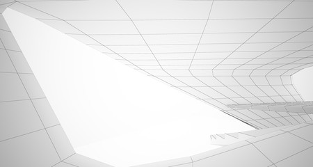 Drawing abstract architectural white interior of a minimalist house with large windows. 3D illustration and rendering.