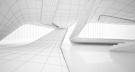 Drawing abstract architectural white interior of a minimalist house with large windows. 3D illustration and rendering.