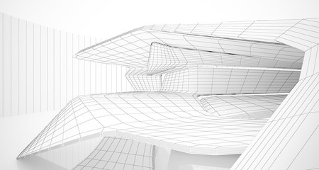 Drawing abstract architectural white interior of a minimalist house with large windows. 3D illustration and rendering.