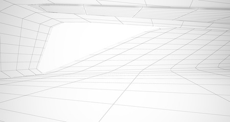 Drawing abstract architectural white interior of a minimalist house with large windows. 3D illustration and rendering.