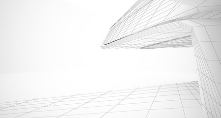 Drawing abstract architectural white interior of a minimalist house with large windows. 3D illustration and rendering.