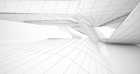 Drawing abstract architectural white interior of a minimalist house with large windows. 3D illustration and rendering.