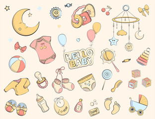 Newborn infant themed doodle set.