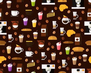Vector flat seamless texture pattern coffee and bakery.