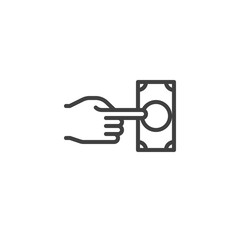 Hand with money bill line icon. linear style sign for mobile concept and web design. Payment method outline vector icon. Symbol, logo illustration. Vector graphics