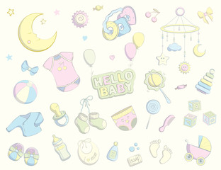 Newborn infant themed doodle set.