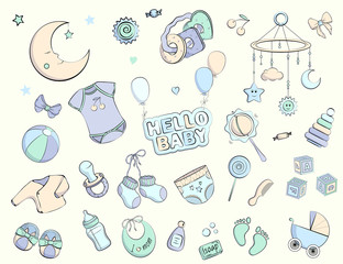 Newborn infant themed doodle set.