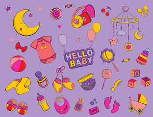 Newborn infant themed doodle set.