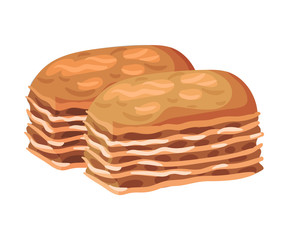 Two pieces of multi-layered baklava with white filling. Vector illustration on white background.