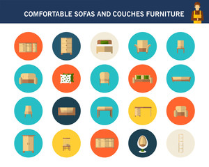 Comfortable sofas and couches furniture concept flat icons.
