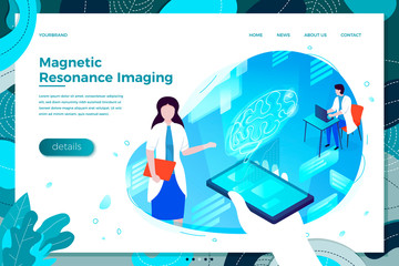 Vector illustration - brain health hologram, online help with assistant girl. Medicine modern bright banner, site template with place for your text.
