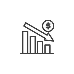 Dollar rate decrease line icon. linear style sign for mobile concept and web design. dollar fall graph outline vector icon. Symbol, logo illustration. Vector graphics