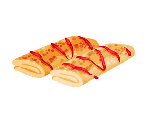 Pancakes in the shape of a roll decorated with jam. Vector illustration on white background.