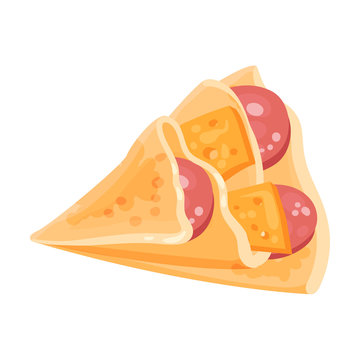 Pancake In The Shape Of A Triangle With Sausage Stuffing. Vector Illustration On White Background.