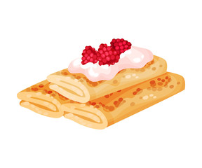 Three pancakes in the shape of a roll folded over the mountain. Vector illustration on white background.