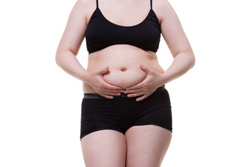 Tummy tuck, flabby skin on a fat belly, plastic surgery concept