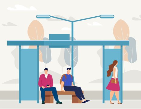 People Waiting Bus on Bus Stop Vector Illustration