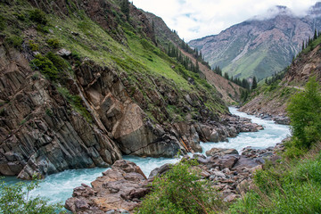 View of the Naryn River flowing through a mountain gorge