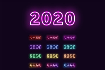 Neon digit 2020, Year number. Glowing Date text