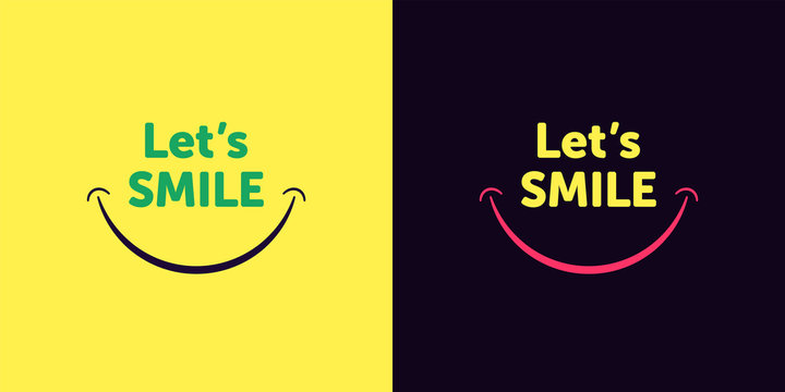 Lets smile text with smiling mouth, cartoon style
