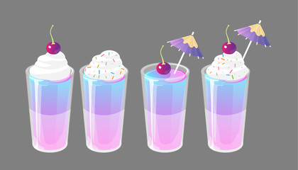 Set of jelly shots with cream, cocktail umbrella and cherry on top. Fresh sweet drink ads concept. Vector collection isolated on gray background.