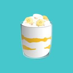 Banana pudding. Healthy vegan snack in glass. Homemade cuisine. Vector illstration isolated on blue background.