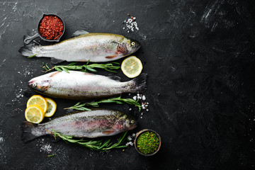 Raw fish trout with vegetables on a black stone background. Top view. Free space for your text.