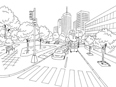 Street Road Graphic Black White City Landscape Sketch Illustration Vector