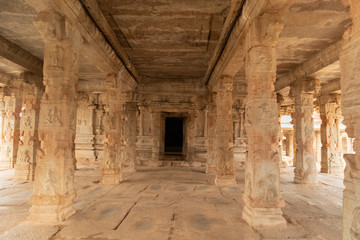 Stone piller showing of ancient architecture inside the ruined krishna temple at Hampi, India