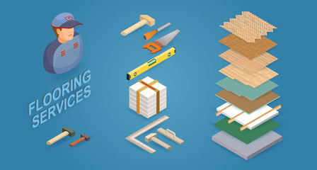 Construction worker, tools, parquet. Vector Isometric icons.