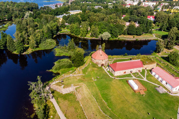 Panorama from the air of the Museum-fortress "Korela" in Priozersk, Leningrad region, Russia.