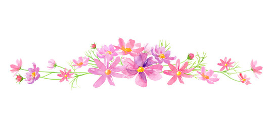 コスモスの花の装飾ラインフレーム　水彩イラスト