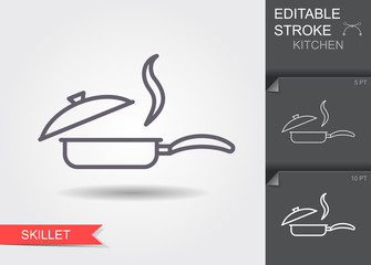 Frying pan with lid. Line icon with editable stroke with shadow
