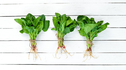 Fresh spinach on a white background. Healthy food. Top view. Free space for your text.